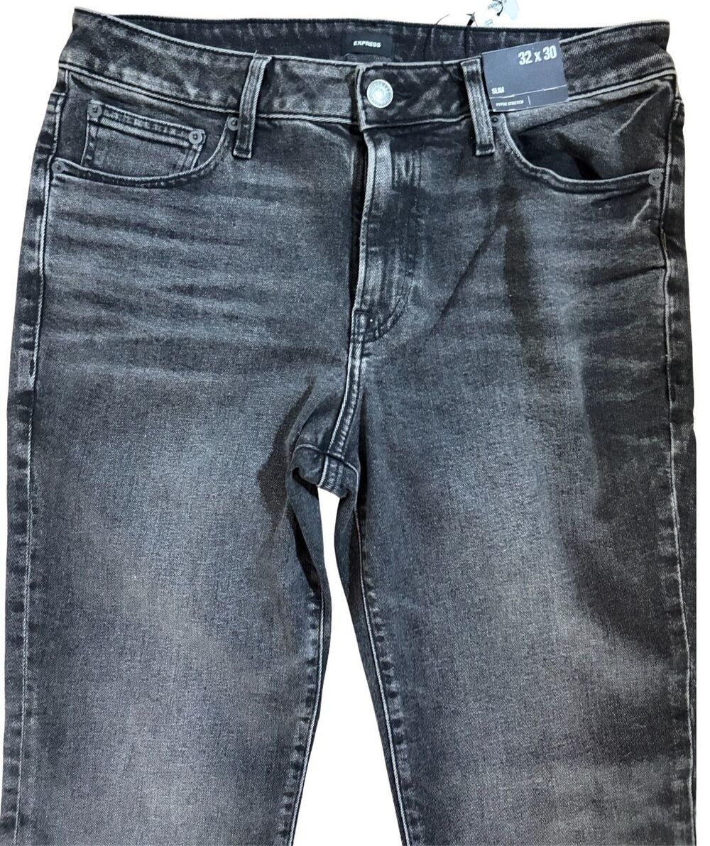 EXPRESS Men's 32x30 Jeans Black Gray Slim Fit Hyper Stretch Distressed Denim NWT